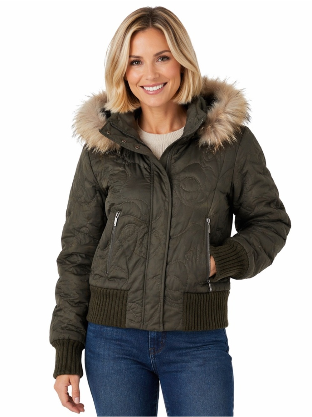 Apriori Olive Quilted Bomber Jacket with Raccoon Fur Hood Women’s Size 12